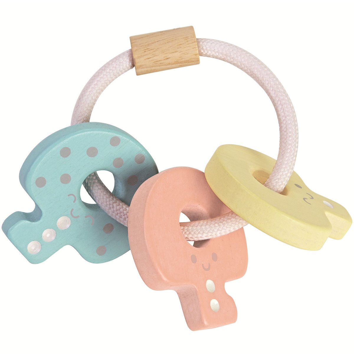 Hochet en bois clés pastel bleu, jaune, corail, PLAN TOYS