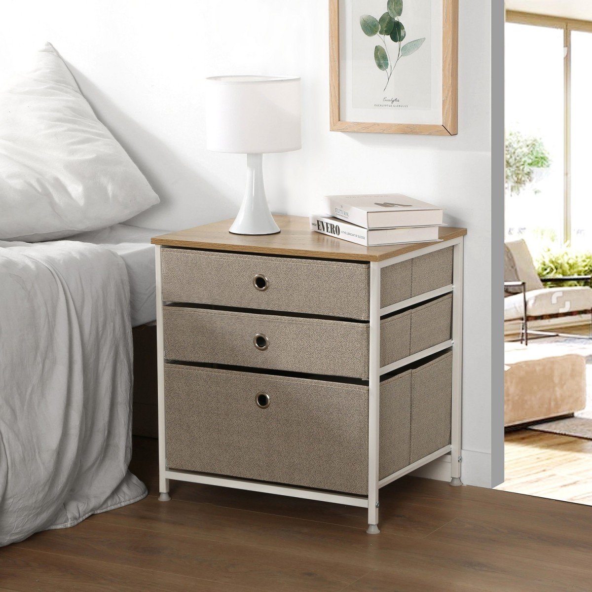 Commode 3 tiroirs en intissé clair - L48 cm blanc, CALICOSY