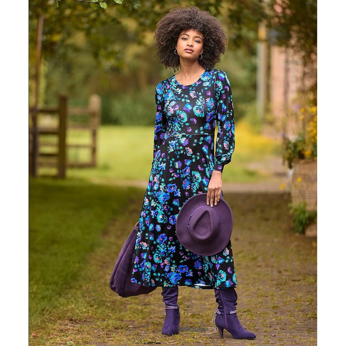 Floral Print Midi Dress with Crew Neck black, JOE BROWNS