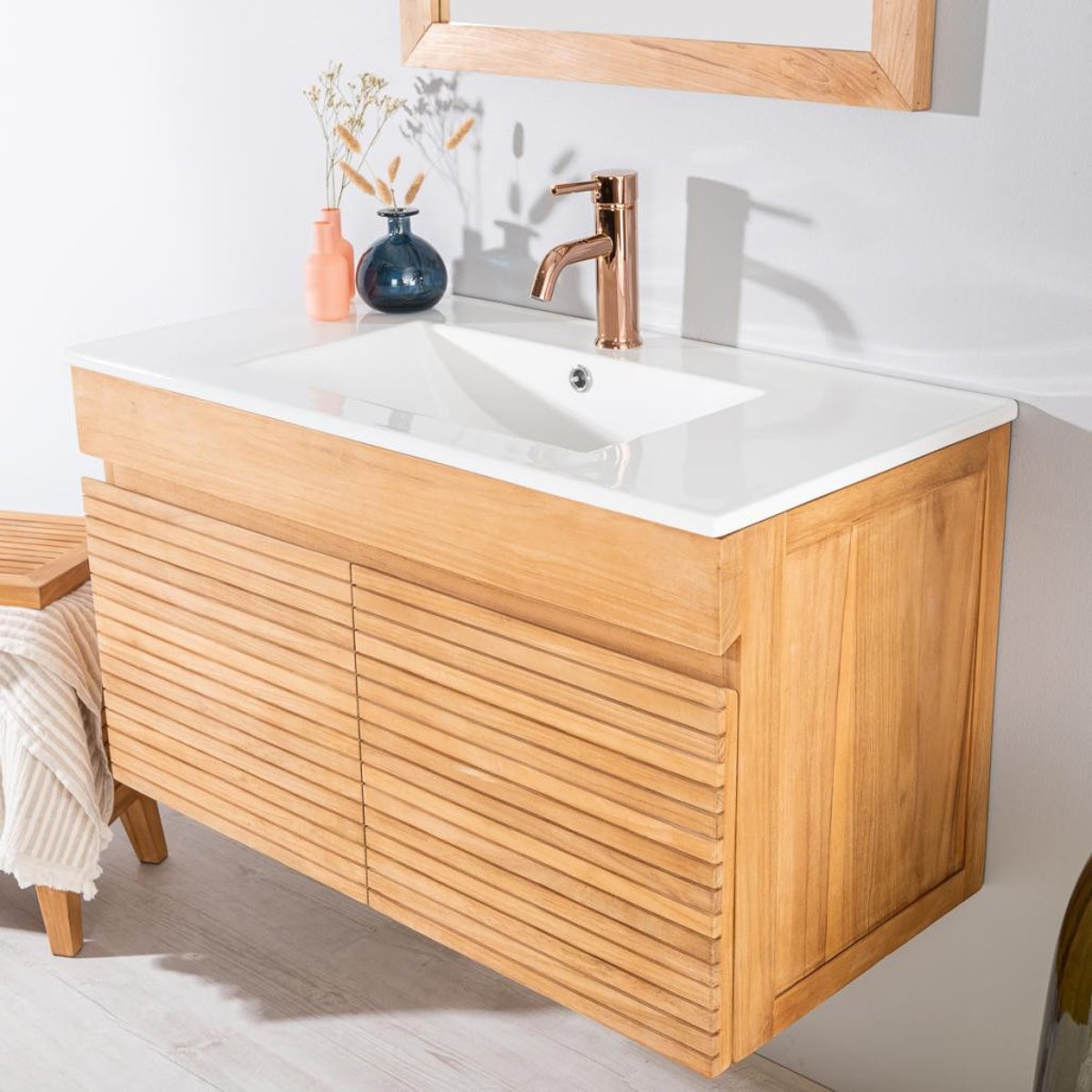 Meuble salle de bain en teck et céramique 90cm AKTUAL blanc, WANDA COLLECTION