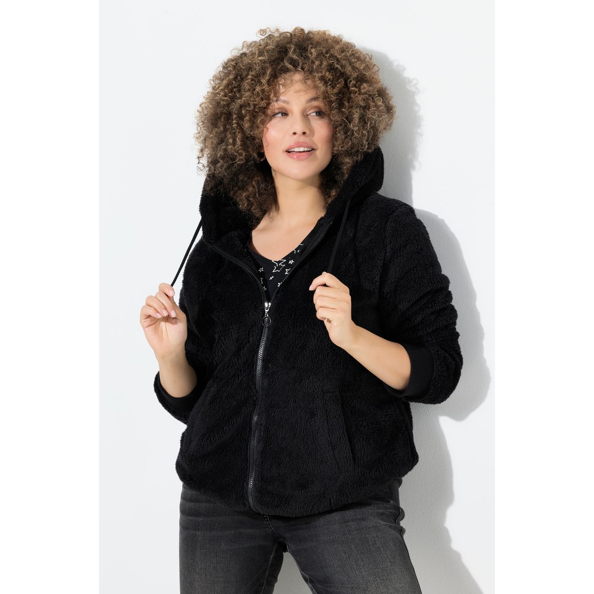 Veste à capuche en polaire bouclée noir, ULLA POPKEN