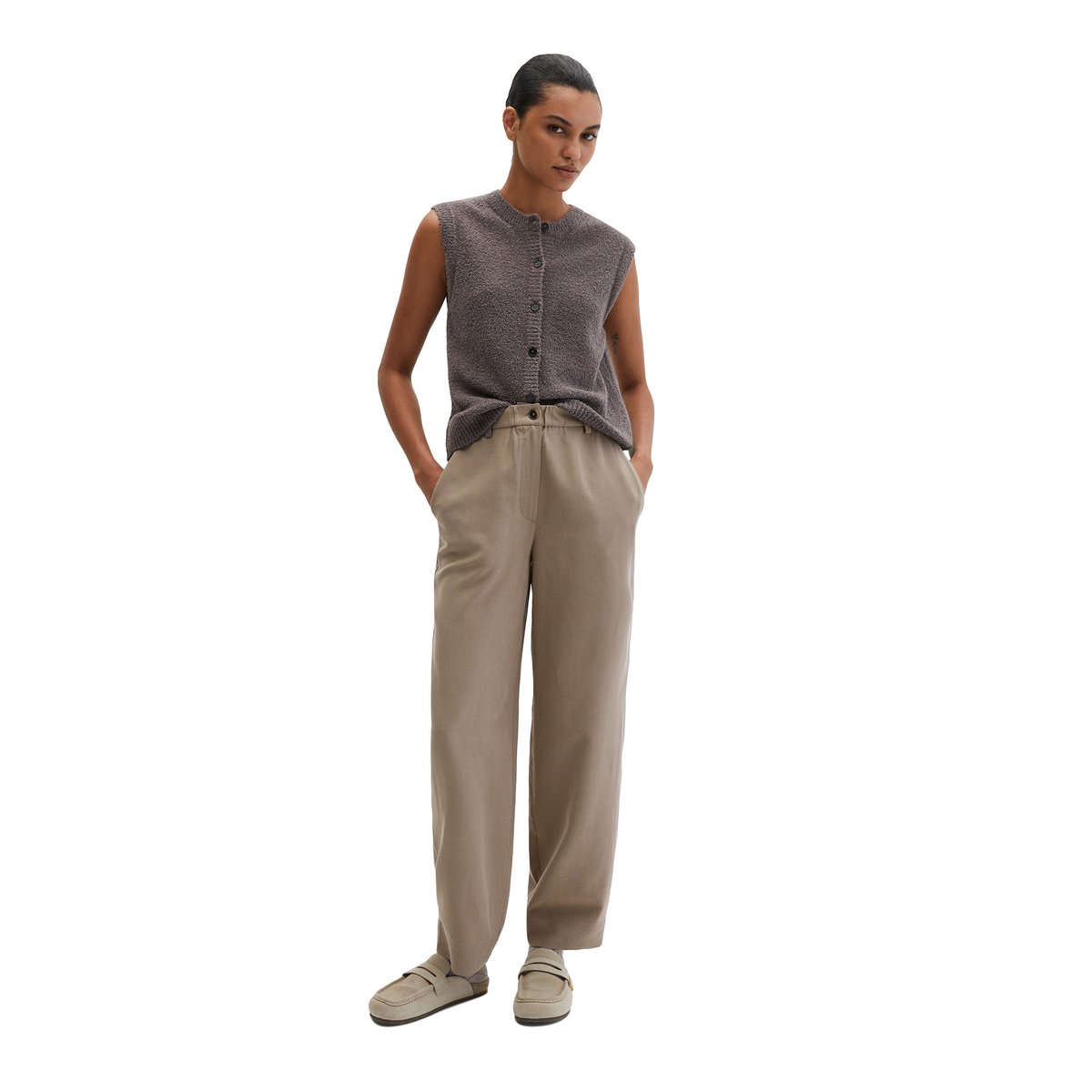 Gilet tricoté sans manches regular en fil bouclé marron, MARC O'POLO