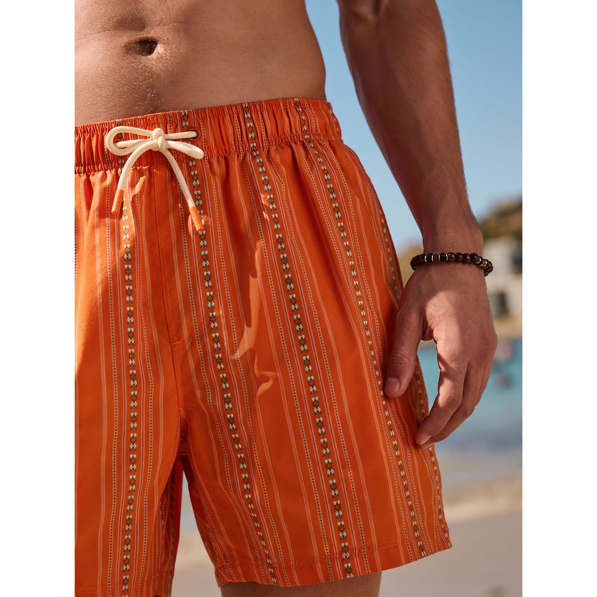 Short de bain brodé rayé en coton 5 pouces orange, NEXT