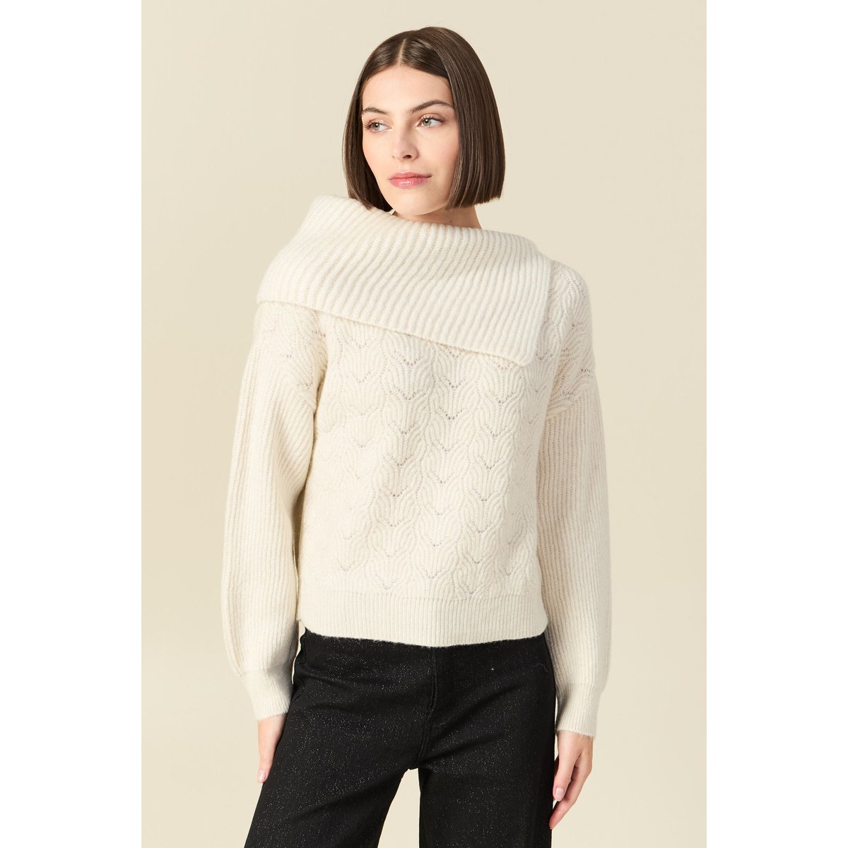 Pull ajouré manches longues bardot ecru, BONOBO
