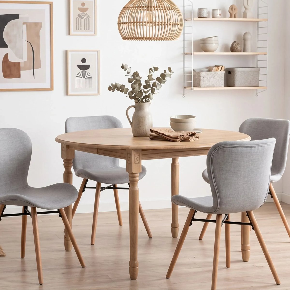Table ronde extensible pieds tournés D115 + 4 chaises tissu - VICTORIA gris clair, HELLIN, DEPUIS 1862