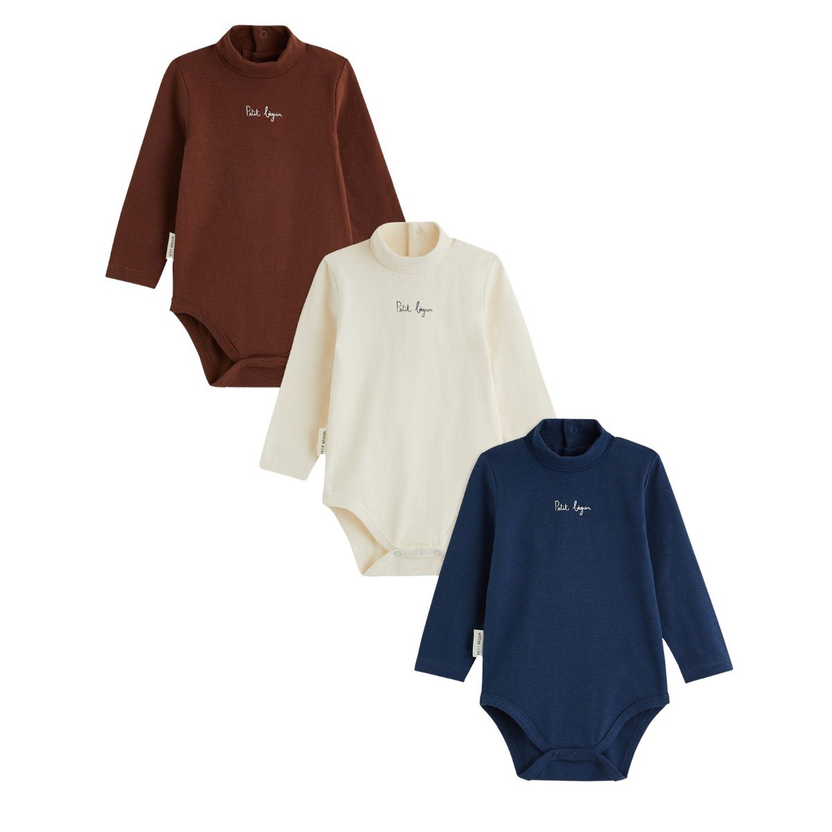 Lot de 3 bodies bébé col roulé manches longues Mathéo bleu, PETIT BEGUIN