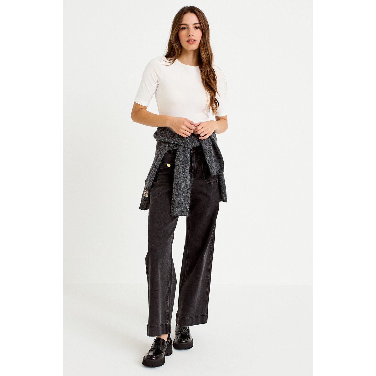 Jean wide leg cropped taille haute denim noir, CACHE CACHE