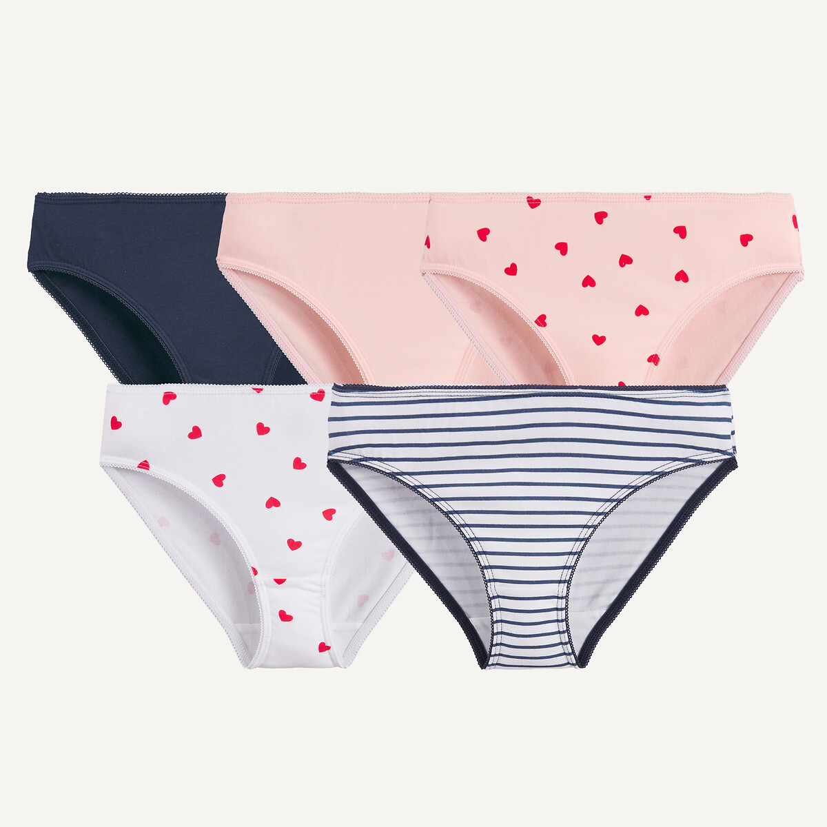Lot de 5 culottes imprimées cœur, marinière et unies assortis, LA REDOUTE COLLECTIONS