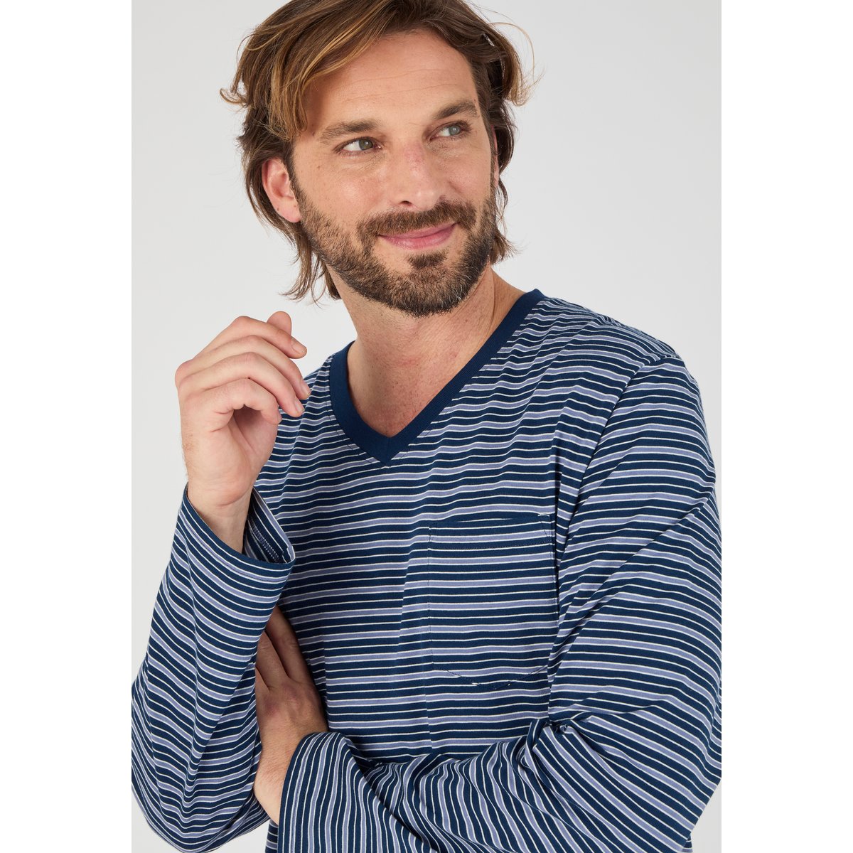 Pyjama en maille jersey bleu marine rayé, DAMART