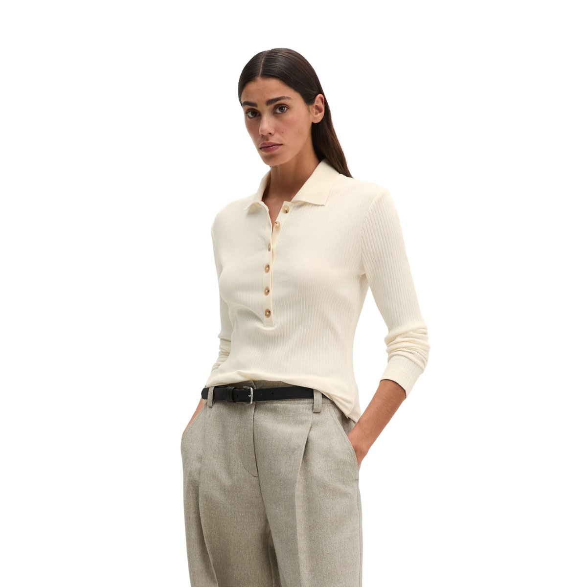 Polo côtelé à manches longues slim en jersey stretch coton modal bio blanc, MARC O'POLO