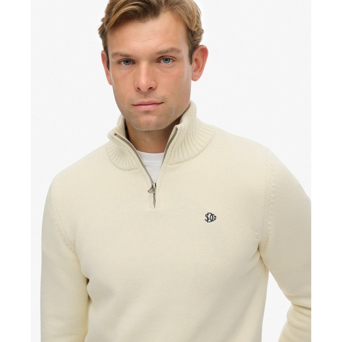 Pull en maille à demi-zip en coton crème, SUPERDRY