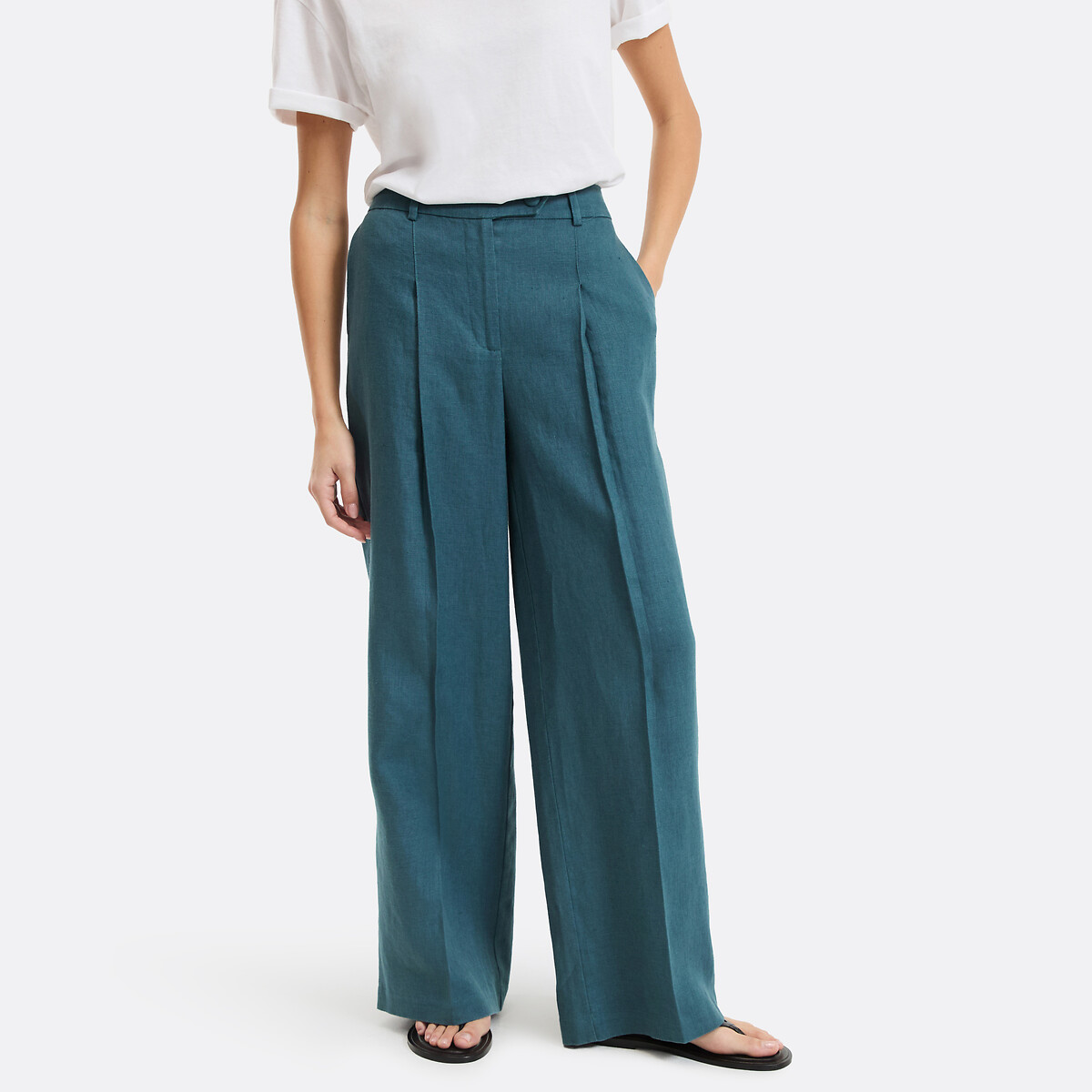 Pantaloni di lino a gamba larga con pinces verde smeraldo, LA REDOUTE COLLECTIONS