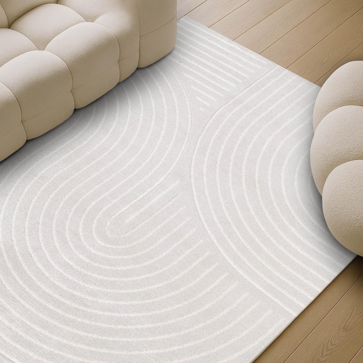 Tapis doux à relief abstrait géométrique  LUNE courbes blanches, THE DECO FACTORY