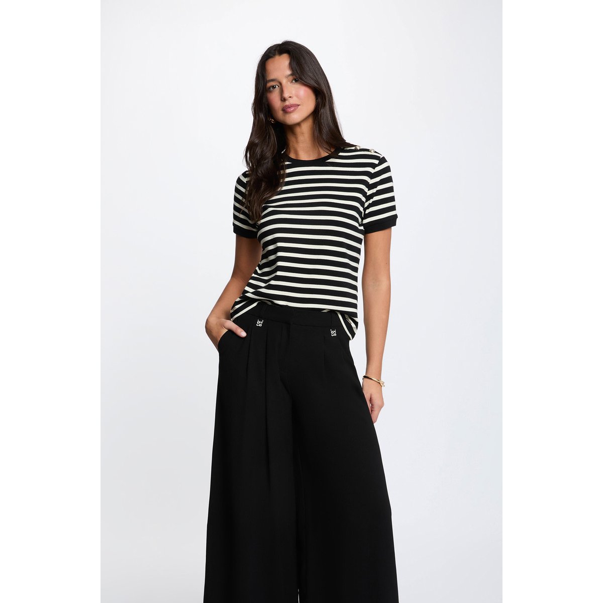 T-shirt rayé col rond noir, MORGAN