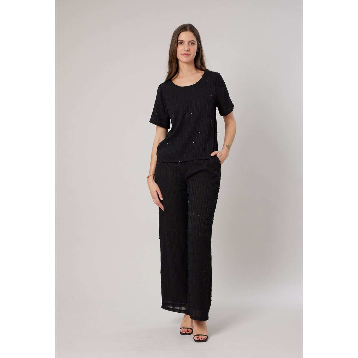 T-shirt fluide femme avec sequins BEVERLY black, DEELUXE