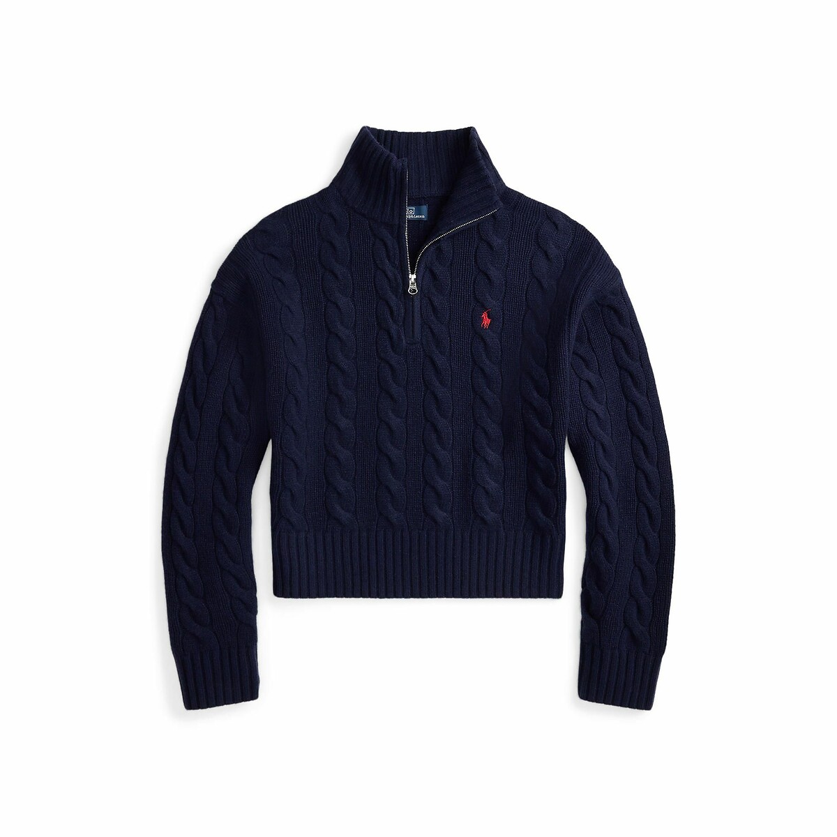 Pull col zippé en maille torsadée, 80% laine 20% cachemire marine, POLO RALPH LAUREN