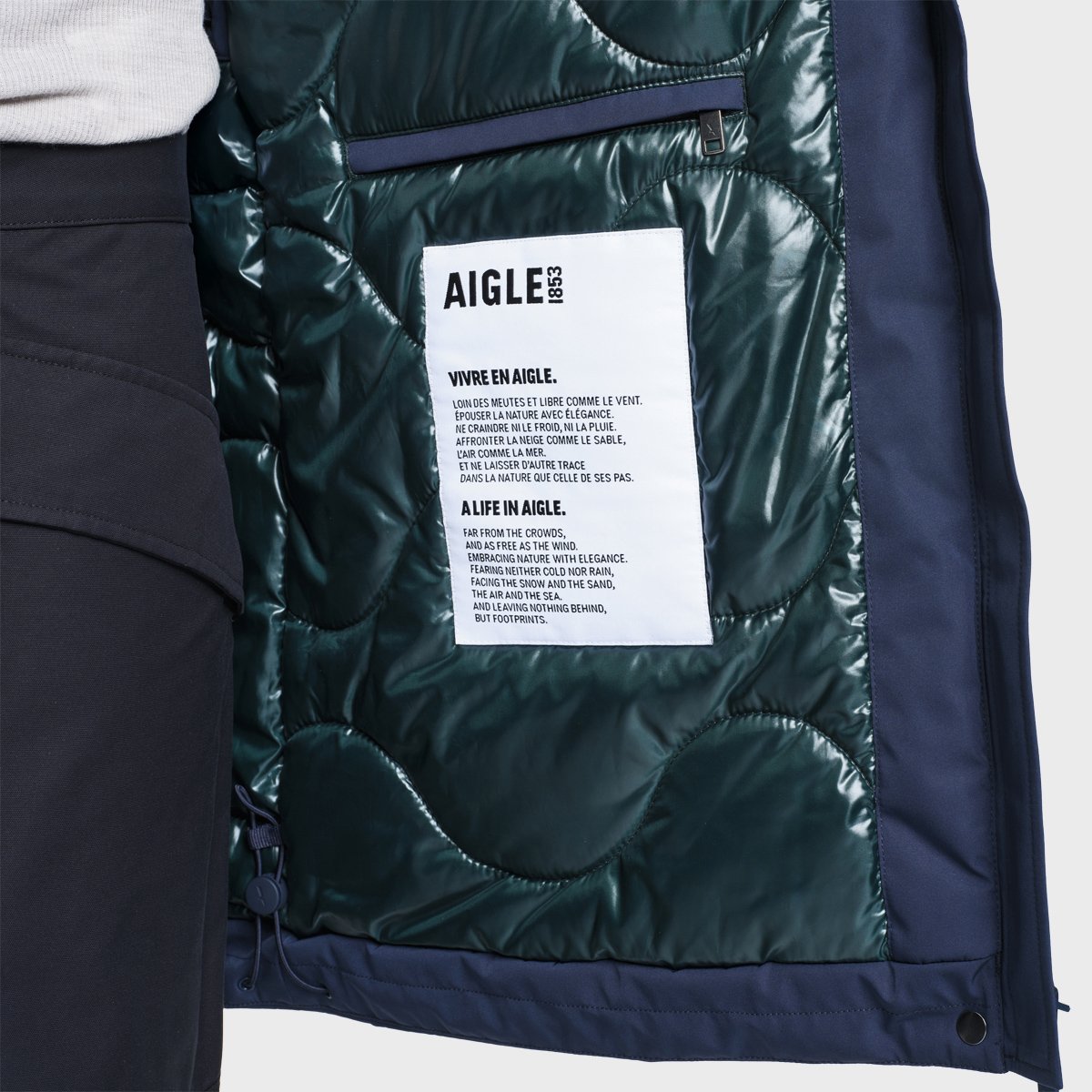 Parka mi-longue imperméable à capuche sherpa REPREVE bleu marine, AIGLE