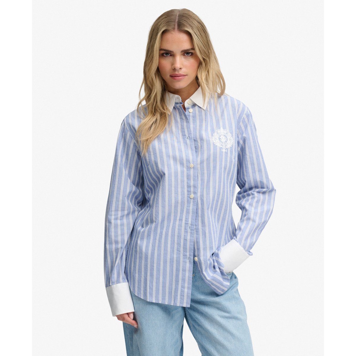 Chemise à manches longues Poplin Cuff Stripe rayure bleu chelsea, SUPERDRY