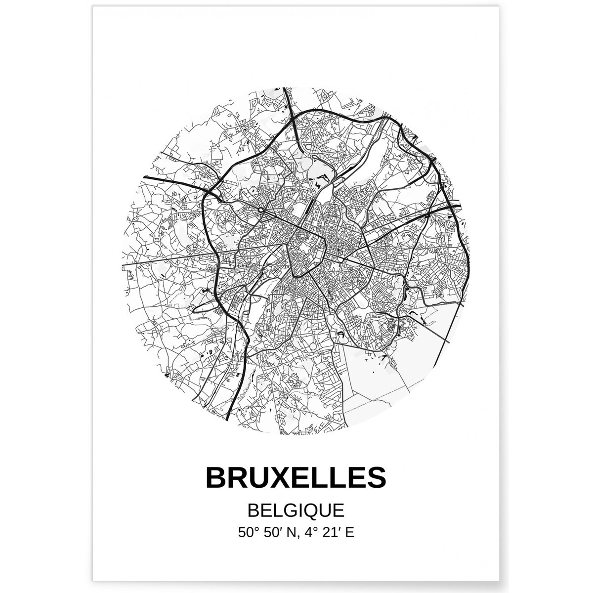 Affiche Carte Bruxelles blanc, L'AFFICHERIE