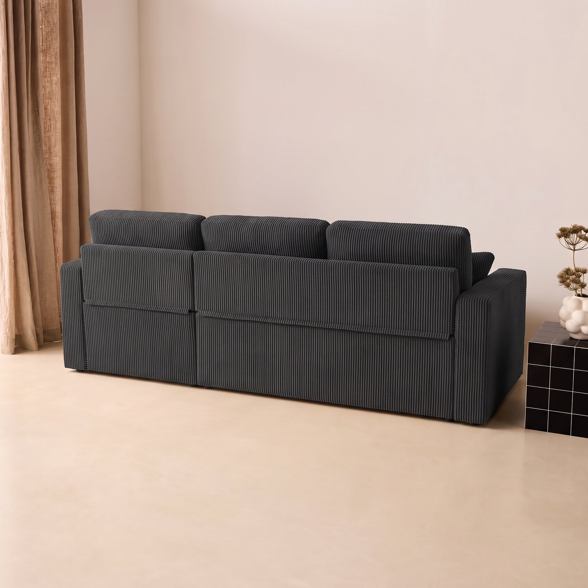 Canapé d'angle convertible réversible 3 places velours côtelé grosse côte avec coffre IDA gris foncé, SWEEEK