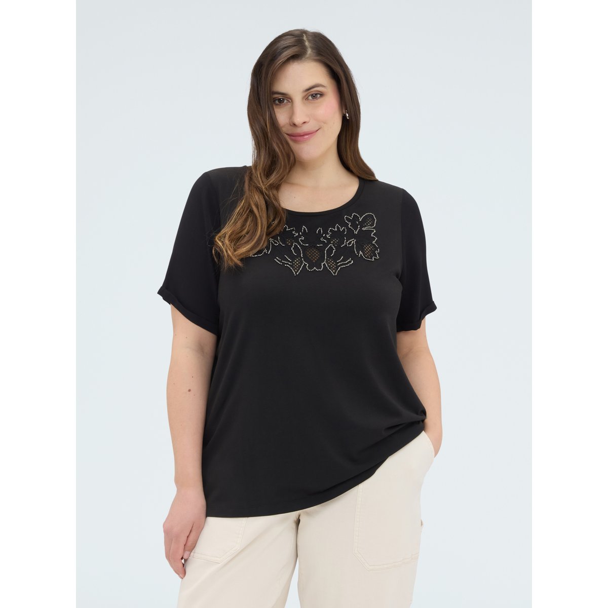 T-shirt avec broderie florale noir, FIORELLA RUBINO