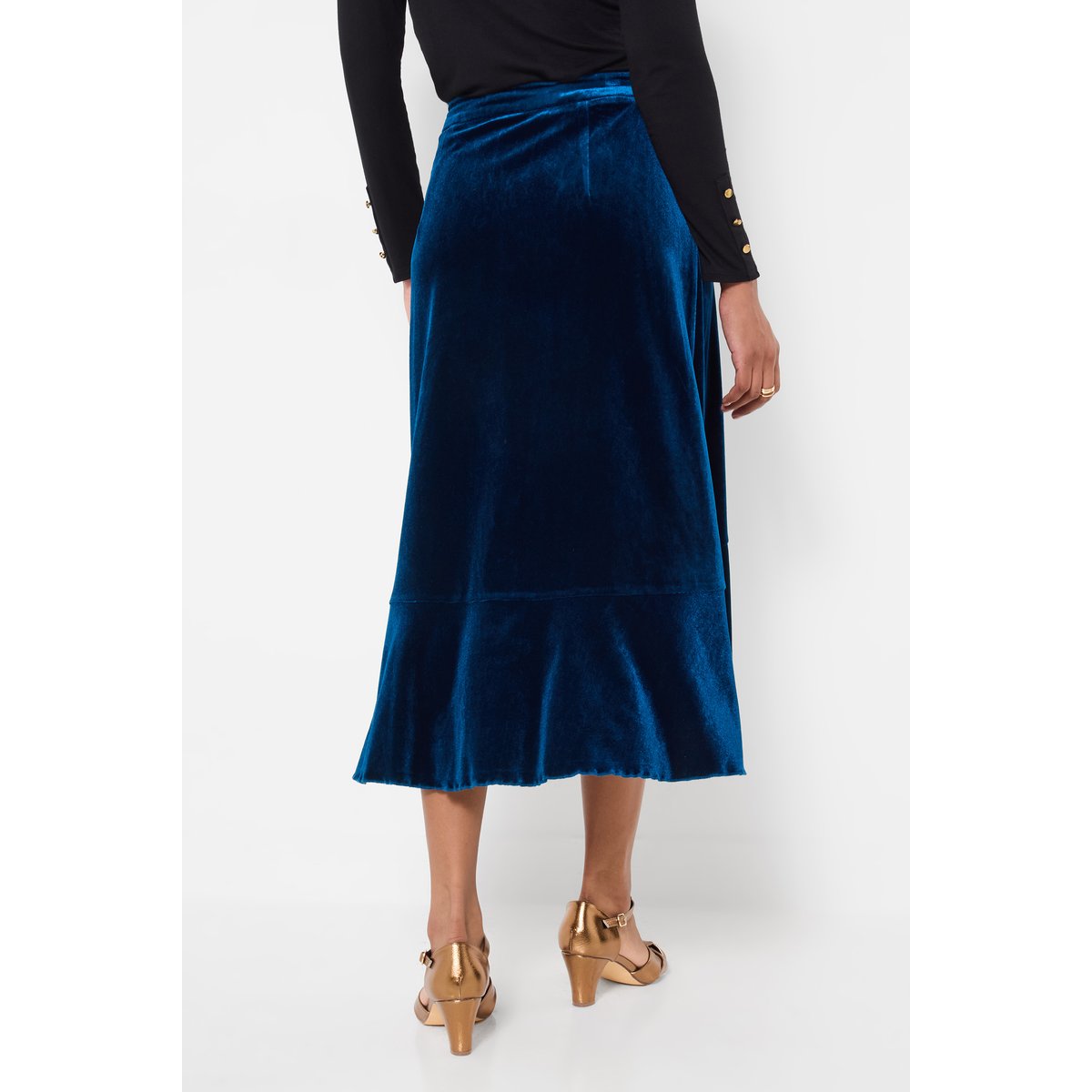 Jupe Midi Portefeuille Volantée en Velours bleu, JOE BROWNS
