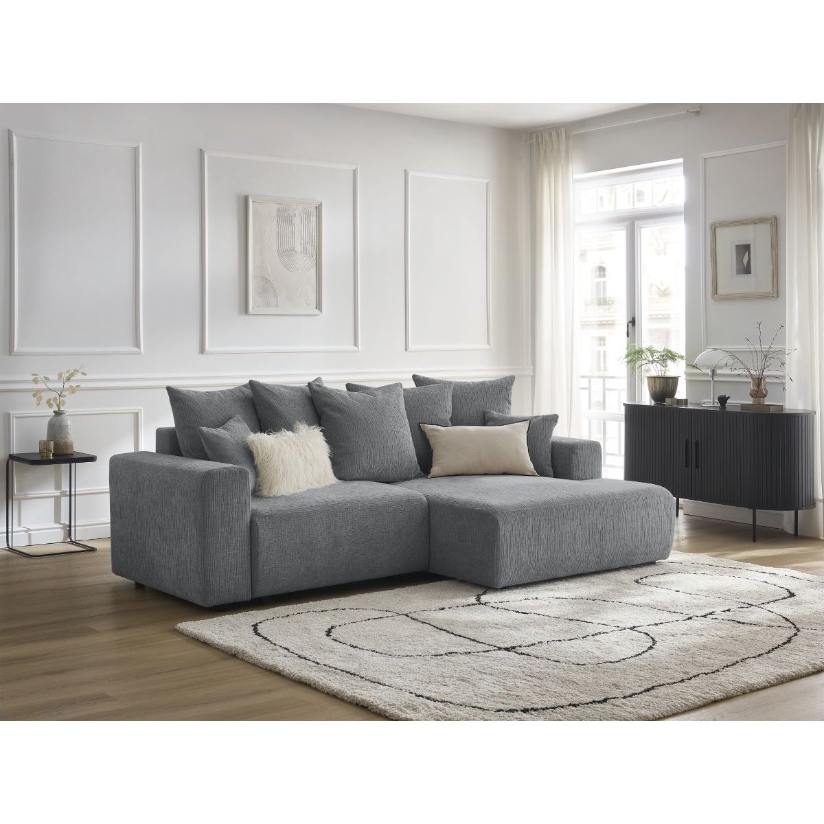 Canapé d'angle convertible 4 places en tissu texturé, ATILLA gris foncé, BOBOCHIC