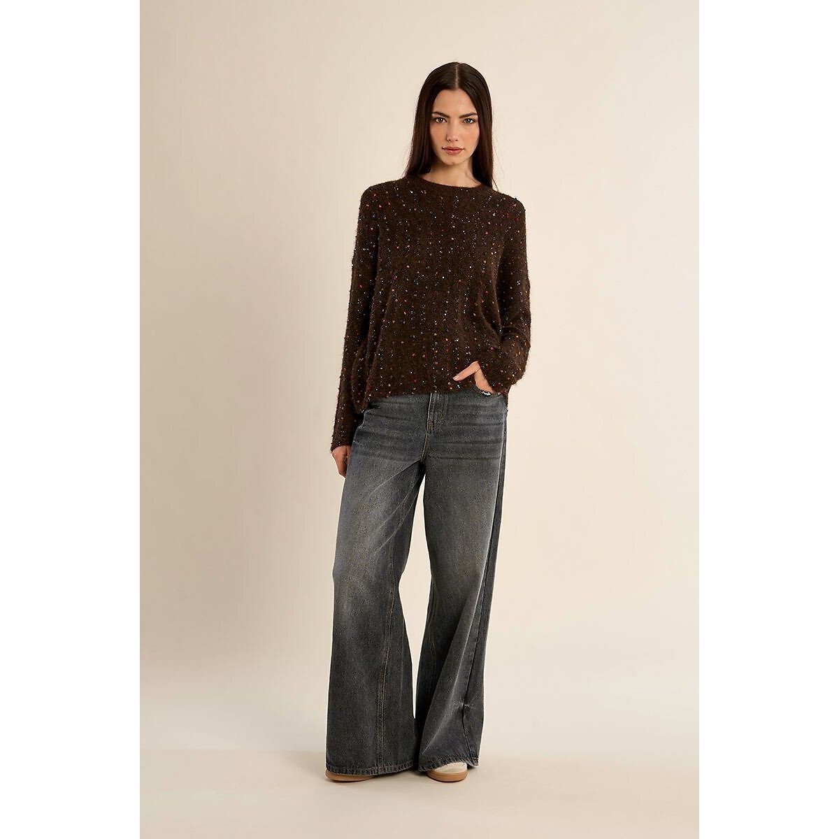 Pull col rond détails multicolores marron chocolat, MOLLY BRACKEN