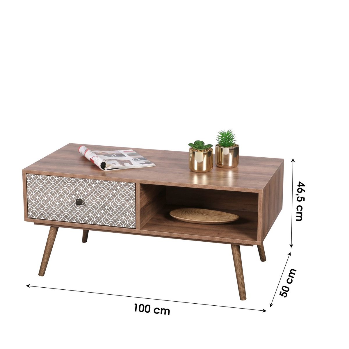 Table basse 1 tiroir à motifs géométriques et 1 niche BAOBAB beige, TOILINUX