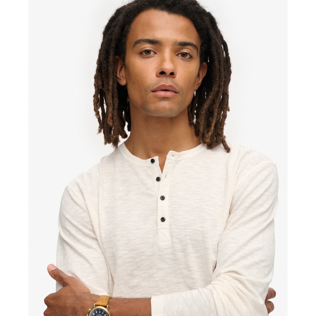 T-shirt Henley à manches longues sable blanc, SUPERDRY