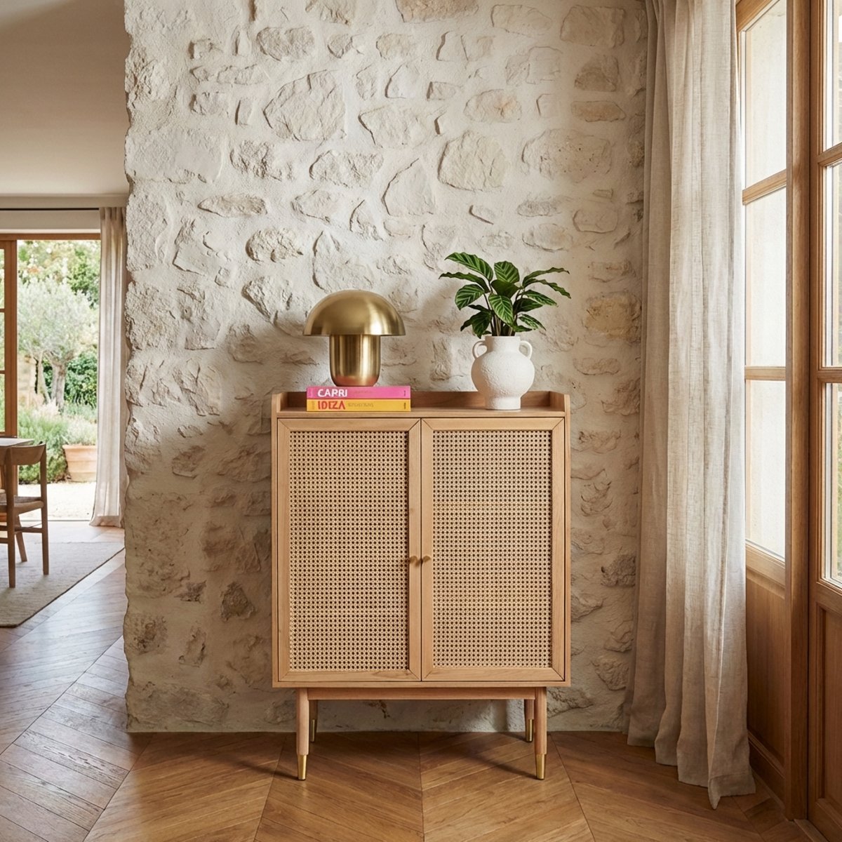 Buffet 2 portes en cannage rotin LEON chêne clair, SORELH