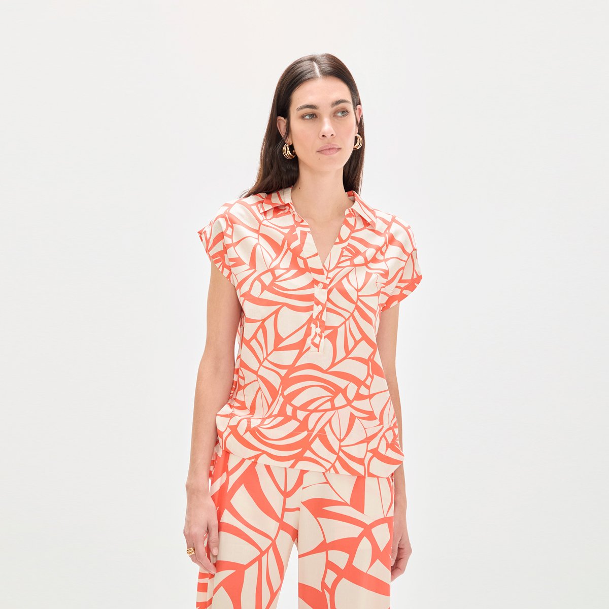 Blouse fluide imprimée à manches courtes corail, LOLA CASADEMUNT
