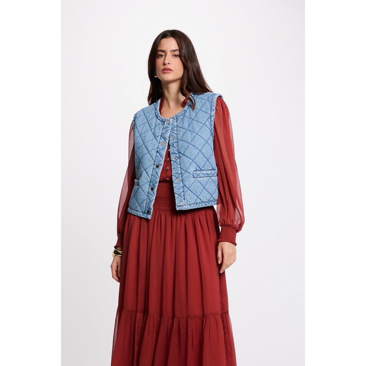 Veste matelassée sans manches denim stone, MORGAN