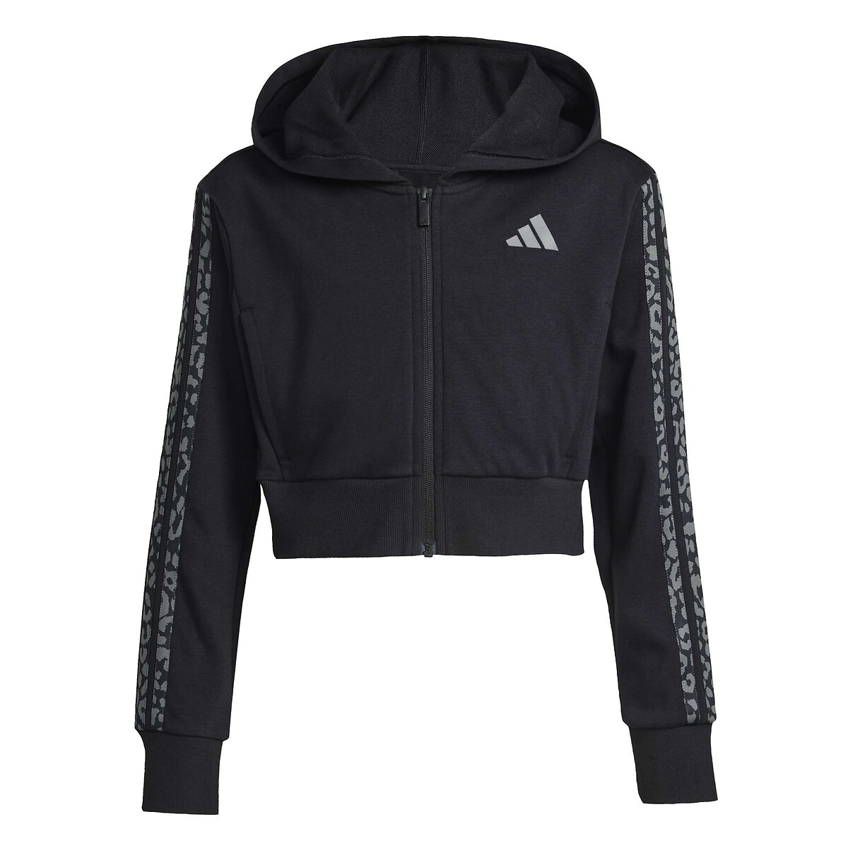 Sudadera de forro polar con capucha, cremallera y estampado de leopardo negro, ADIDAS SPORTSWEAR