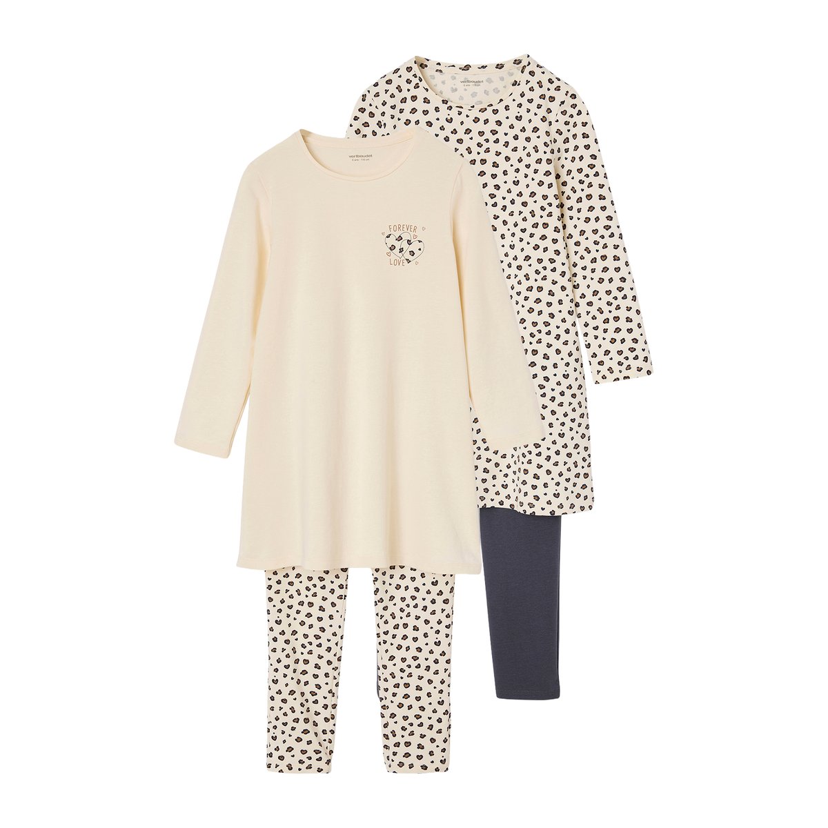 Lot 2 Ensembles Chemises de Nuit + Legging Léopard Fille écru, VERTBAUDET