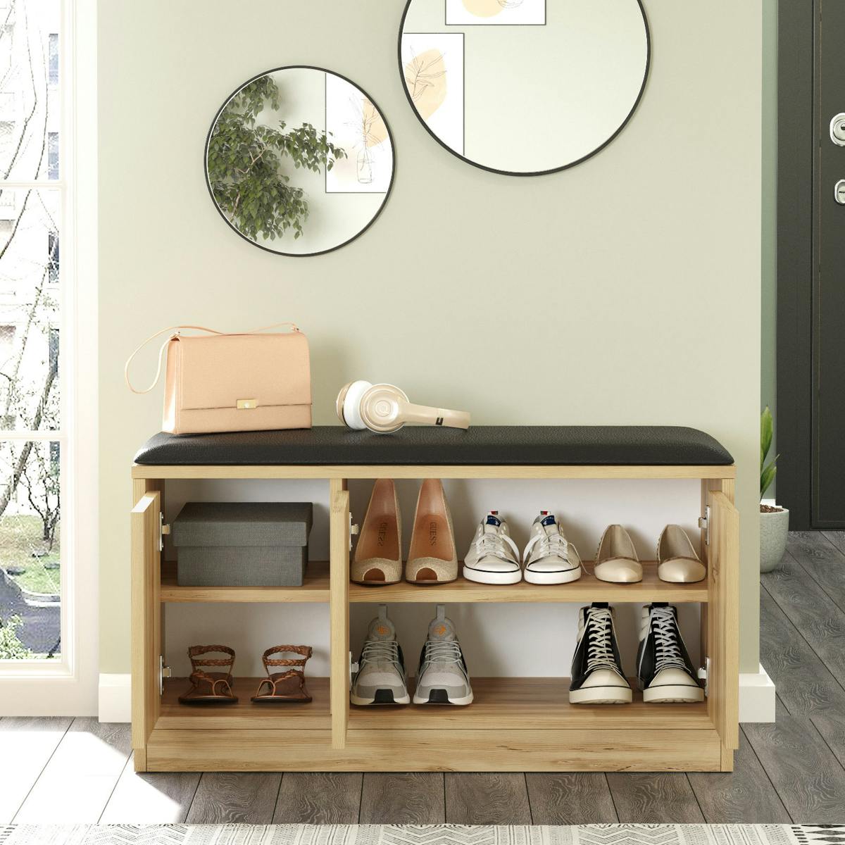 Banc à chaussures avec assise 3 portes décor bois clair MARFA chêne, PIER IMPORT