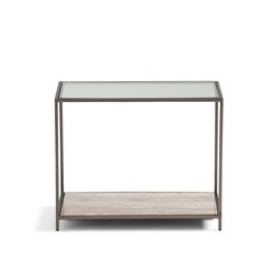Mesa rinconera de vidrio templado y travertino, Buren