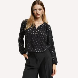 Blusa con cuello de pico, estampado de lunares dorados, manga larga