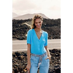 Blusa con cuello en pico y botones, manga corta, TEVAN