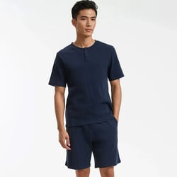 Pijama corto con camiseta con cuello tunecino, manga corta