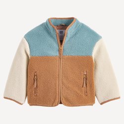 Chaleco de tejido sherpa en bloques de color, cuello alto y cierre de cremallera