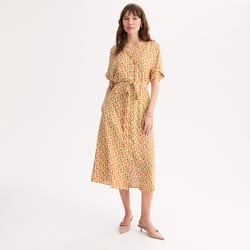 Vestido evasé, estampado gráfico, largo midi, manga corta