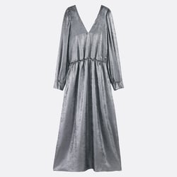 Vestido largo evasé, plateado, manga larga