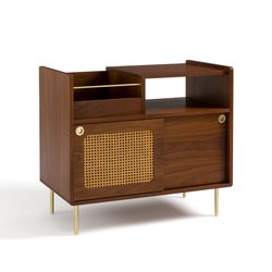 Mueble para vinilos de nogal y mimbre, Redpop