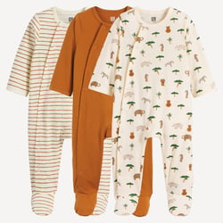 Lote de 3 pijamas de punto de 1 pieza, estampado de animales y rayas