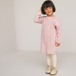 Vestido jersey recto de manga larga, punto trenzado