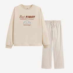 Pyjama avec haut en molleton et bas en flanelle, motif croissant et rayures LA REDOUTE COLLECTIONS image