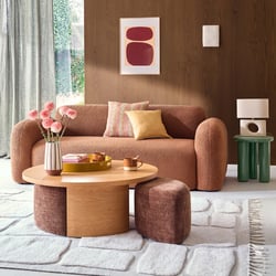 Jen Oak Veneered Circular Coffee Table with 2 Pouffes LA REDOUTE INTERIEURS image