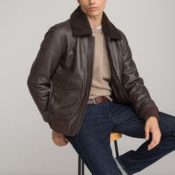 Blouson aviateur en cuir lisse col sherpa LA REDOUTE COLLECTIONS image