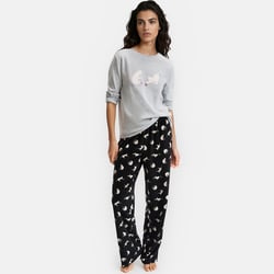 Cat print pyjamas with interlock t-shirt and velour trousers SO'HOME image